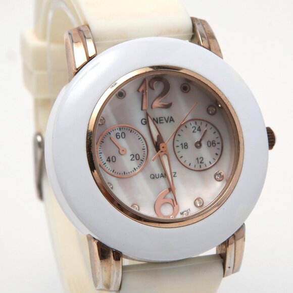 Geneva Quartz Mother of Pearl Face Watch Silicone Rhinestones Large Gold Cream - Picture 8 of 12